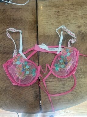 For Love And Lemons Pink Embroidered Sheer Balconette Bra